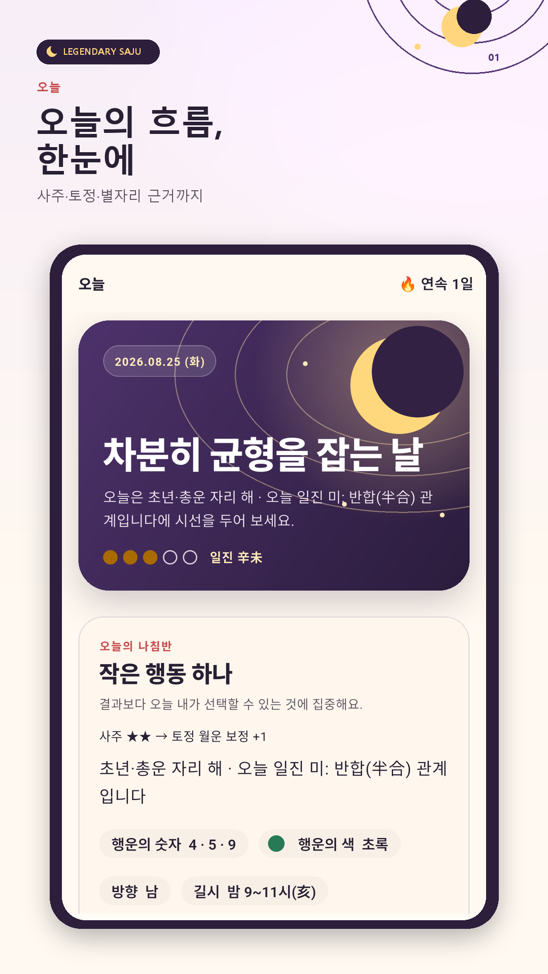 전설의 사주 오늘 운세와 행동 제안 화면