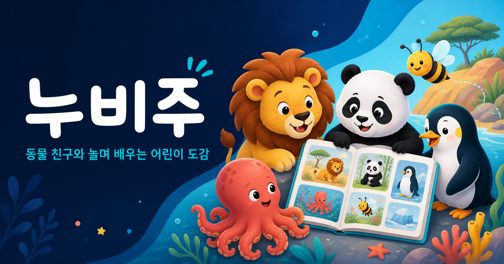사자, 판다, 펭귄, 문어와 꿀벌이 동물 도감을 함께 보는 누비주 그림